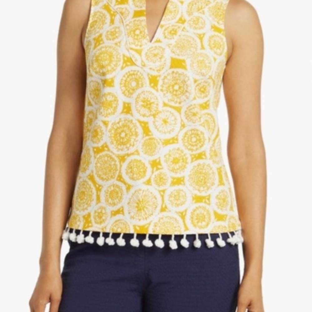 Trina Turk Yellow and White Medallion Sleeveless Camisole with Pom Trim